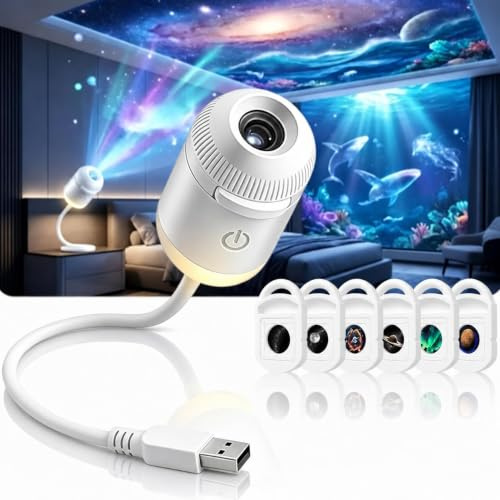 2-i-1 USB Galaxy Star-projektorlampa, 5D dynamisk holografisk nattlampa | 360 justerbar svanhals, 3 6 12 24 utbytbara diabilder för sovrum barn inomhus dekor vit