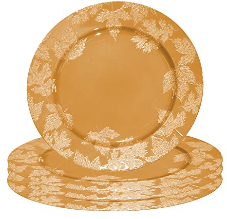 Aurora Store 6 Sottopiatti Bordo Foglie Pungitopo Colore Oro in plastica Rigida Tondo 33 cm Natale cenone sotto Piatto Natalizio Capodanno Natale Cena Aperitivo