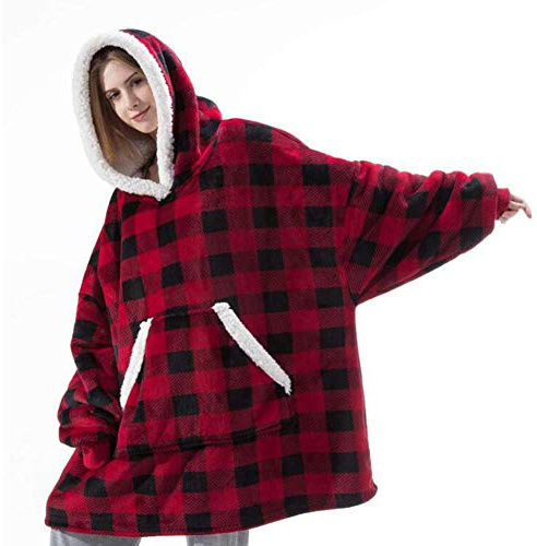 Överdimensionerad filthuvtröja med stor ficka, ultramjuk teddy sherpa fleece, huvtröja för kvinnor män barn, Pläd, en storlek