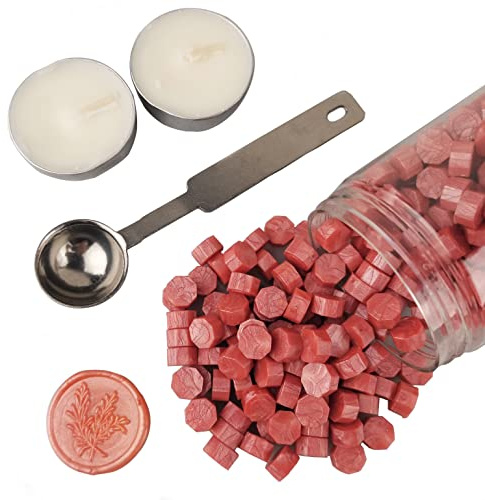 Perlas de selladora, AMTOL 300 perlas de cera Rojo naranja con 2 velas blancas y 1 cuchara para derretir cera, ideal para invitaciones de boda, sobres de tarjetas, envoltura de regalo.