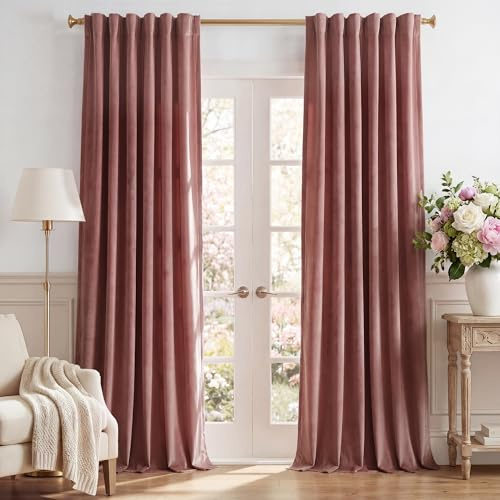 StangH Mauve Velvet Curtains 96 inches Long - Wild Rose Pink Room Darkening Bedroom Curtains for Nursery Kids, Elegant Thermal Insulated Drapes for Sliding Door Office, W52 x L96, 2 Panels