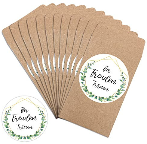 50 Freudentränen Hochzeit Aufkleber & Braune Papiertüten, Verpackung für die Freudentränen Taschentücher, Vintage Deko Hochzeit