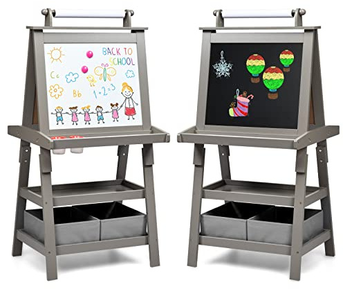 RELAX4LIFE 3 IN 1 Lavagna per Bambini, Cavalletto Pittura a Doppia Faccia, Lavagna Magnetica con Rotolo di Carta, Giocattolo Educativo 3+ Anni (Grigio)