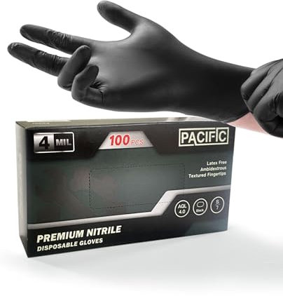 PACIFIC Noir Gants Jetables in Nitril, 100 pièces/boîte, Texture Diamantée, Pour Industrie Lourde, Mécanique, Cuisine & Médical, Sans Latex & Sans Poudre, EN 374, S/7