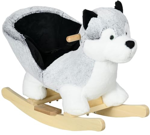 Qaba Wooden Rocking Horse, Husky Themed Rocking Animal for Baby, Animal Rocker Ride-On Toy for Kids 18+ Months with Realistic Sounds, Seat Belt, Gray