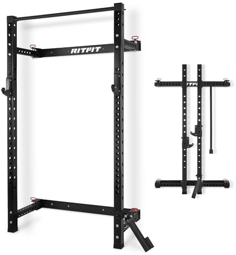 RitFit 2.36'' x 2.36'' Folding Squat Rack for Home Gym, Wall Mounted Squat Rack with Attachments - Space Saving Squat Power Rack, Black