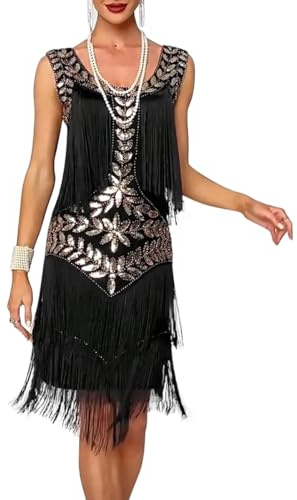 Minetom Femme Robe De Cocktail Paillettes Col V Sans Manche Flapper Charleston Vintage De Bal Soirée Pour Années 20 Gatsby C Noir L