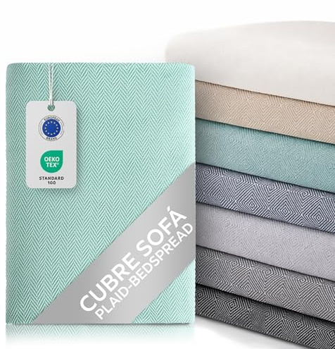 Textilhome Couverture Plaid 230x285 cm – Couvre-canapé Multifonction, Foulard jarapa Martina, Housse protectrice pour canapé et lit, Couleur Aigue Marine – Certifié Oeko-TEX