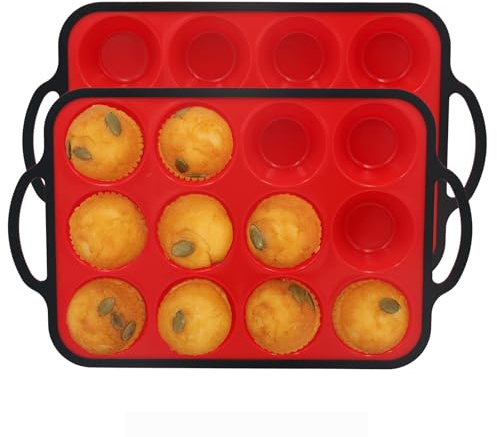 Datunsu Silicone Muffin Pan, Metal Reinforced Frame Regular Size 2.8 Inch Cupcake Pan with Handle 12 Cups Nonstick Muffin Tray for Baking