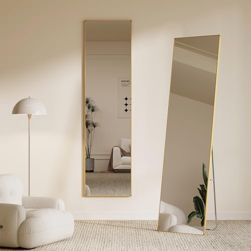 Warmiehomy 150x40cm Full Length Standing Mirror, Rectangular Full Body Floor Mirror with Stand, Hanging or Leaning Against Wall for Bedroom, Gold