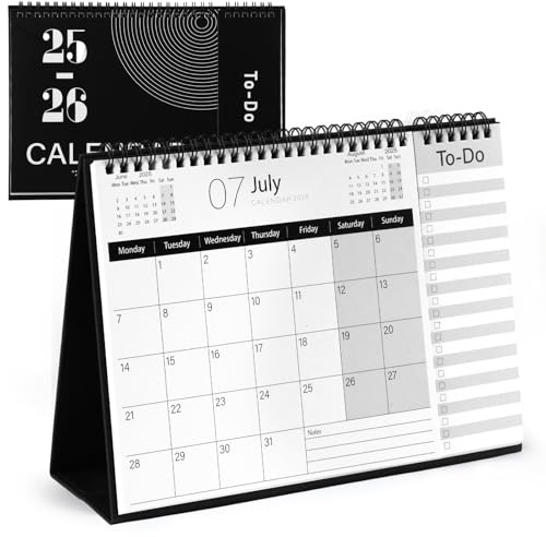 Desk Calendar 2025-2026, Desktop Calendar from July 2025 - December 2026, 18 Months Standing Flip Desk Planner with To-do List for Home Office School (Black)