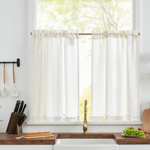 TOPICK Linen Look Kitchen Curtains, Lace Cafe Window Tiers, W36xL36, White | Rod Pocket Light Filtering Curtains for Small Basement, Laundry Room, Sink, Solid, Rustic Style, Rod Pocket, 2 Panels