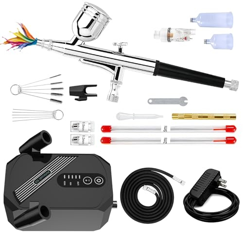 L-TIMEYUU Airbrush Compressor Kit, 36 PSI Dual-Action Air Brush with Dual Spray Gun Stands 0.2 0.3 0.5mm Nozzles and Cleaning Set for Beginner Model Painting Cake Decorating Nail Art & DIY Crafts