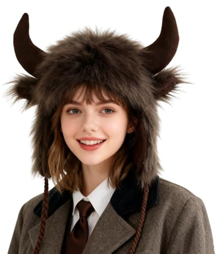 XINGYAOGJ Winter Faux Fur Horn Trapper Hat Warm Furry Bull Horn Earflap Hat Cute Windproof Plush Beanie Animal Cap for Cosplay Party Carnival Outdoor