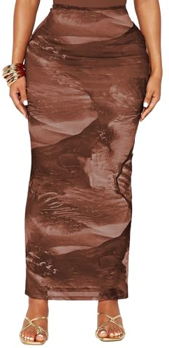 MAYFASEY High Waisted Skirt for Women Floral Mesh Double Lined Boho Skirts Long Maxi Pencil Skirt Dress Y2K Outfits Brown L