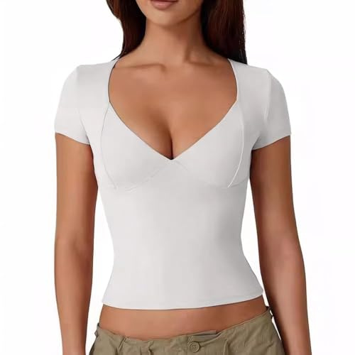 QKEPCY T Shirt Donna Maglietta Maniche Corte Camicia Elegante Scollo a V Top Aderente Maglia Casual Abbigliamento Primavera Estate Tshirt Sportiva Morbida (Bianco/S)