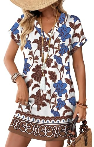 Cuptacc Robe Ete Femme Manches Courte Robe de Plage Col en V Robe Tee Shirt | Ete,Longueur Genou,Avec Poches,Chic,Elegant,Boho,Florale,Couleur Unie,Grande Taille,Fluide,Légère