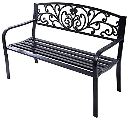 GYMAX Panchina Ghisa da Giardino, Panca Metallica a 2-3 Posti, Portata di 300 kg, Telaio in Ferro e Acciaio, con Schienale e Braccioli, Ideale per Terrazza/Balcone/Parco, 127x60x85 cm