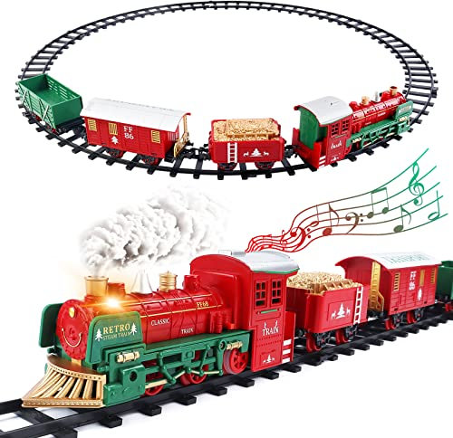 deAO Elektrisches Spielzeug Züge, Weihnachtszug Eisenbahn Schienen Zug Set Batterielok mit Licht Sound und Dampf, Eisenbahn Zug Spielzeug mit Zuggleis und 3 Zugwaggons, Weihnachtszug Set für Kinder