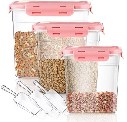 3 Pieces Airtight Pet Food Storage Containers with Spoon, Plastic Containers, Animal Food Containers, Dry Food Containers for Dog Food Cat Fish Bird Seed, 1.27 QT, 2.4 QT, 4 QT (Pink)