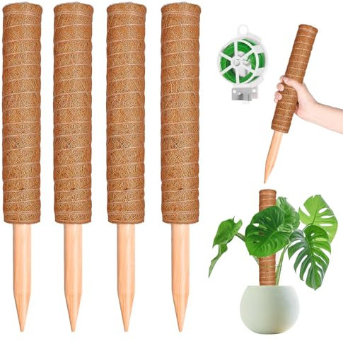 YAUNGEL Pflanzstab, 4 Stück 41CM Pflanzstäbe Kokos Moosstab für Monstera Pflanze Rankhilfen für Kletterpflanzen Natürlicher Pflanzenstütze mit 20M Drehbändern