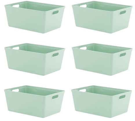 simpa 11L 11 Litre Plastic Storage Basket Studio Organiser Trays with Handles - Sage Green, Set of 6 Trays - 15.5cm (H) x 35cm (L) x 25cm (W)