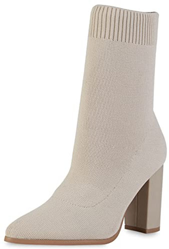 VAN HILL Damen Schlupfstiefeletten Stiefeletten Blockabsatz Schuhe Strick Boots Stiefel Spitze Absatzschuhe Booties Stoffschuhe 202663 Beige 40