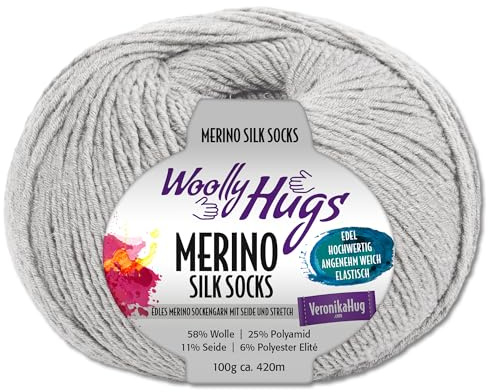 Frida's Wollhaus Woolly Hugs 100 g de lana de merino de seda para calcetines, calcetines, calcetines, 15 colores (291, gris claro)