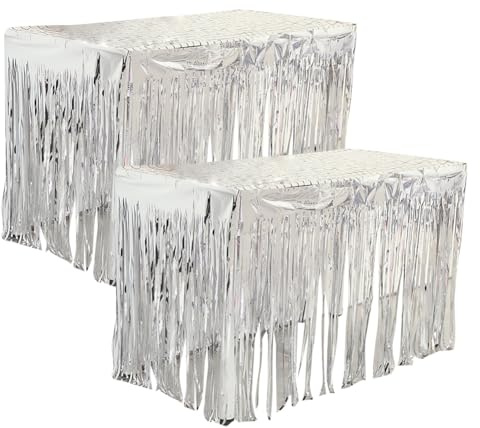 Lot de 2 Jupes de Table à Franges en Feuille métallique de 2,7 m x 75,1 cm pour fête, événement, Toile de Fond, guirlandes de Rideaux, Guirlande de Banderole, Guirlande Large argentée