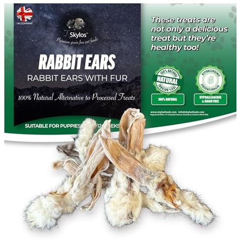 Skylos Wholesome Rabbit Ears with Fur for Dogs 1kg Crunchy Chews to Support Dental Health & Digestion - Grain-Free, High Protein and Hypoallergenic 100% Natural Alternative to Processed Treats (1kg)