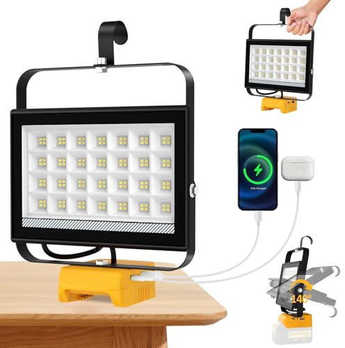 T-SUN Projecteur Led Rechargeable pour Batterie Dewalt 100W 6000K Projecteur Led Chantier Portable 2 Modes D'éclairage & USB Lampe de Chantier Rechargeable pour Camping Garages Réparations Voitures