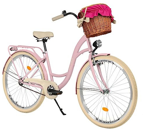 MILORD Damenfahrrad Citybike Komfort Mit Weidenkorb Vintage Fahrrad, 26, 28 Zoll, 1-Gang (Rosa-Creme, 26 Zoll)
