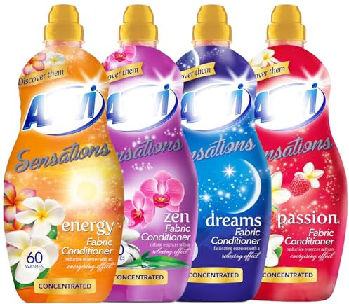 4 Pack Household Spanish Cleaning Products Fabric Softener Bundle Giftset – Zen, Passion, Dreams & Energy – Long Lasting Scented Clothes Conditioner – 1320ml Each 60 Washes Concentrated Laundry Care