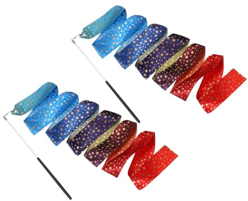 YELARXI 2 Pcs Dance Ribbons, 78.7 Sparkly Star Gymnastics Ribbon Streamers, Rhythmic Dance Twirling Sticks with Non-Slip Black Wand Fitting for (Gymnastics/Talent Shows/Artistic) Gradient