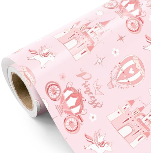 RUSPEPA Prinsessa presentpapper – minirulle – 43,2 cm x 5 m – rosa presentpapper med slott vagn perfekt för flickors födelsedagar och baby shower
