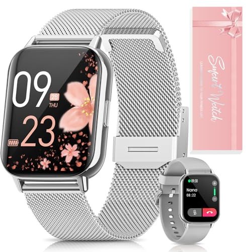 【Presentförpackning】Smartwatch för kvinnor, 1,83 tum HD smartwatch med samtal pulsmätare SpO2 sömn kvinnlig fysiologi, IP68 smart klocka 113 + sportläge kalorier iOS Android silver