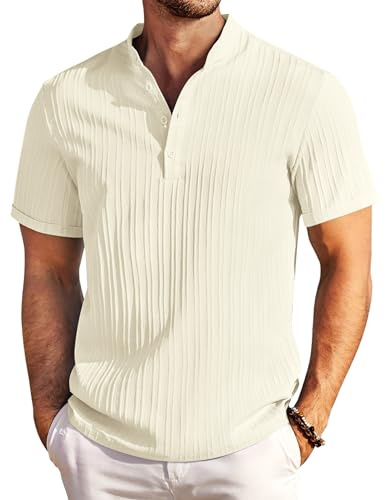 COOFANDY Mens Lightweight Henley Shirt Short Sleeve Holiday Top Beige M