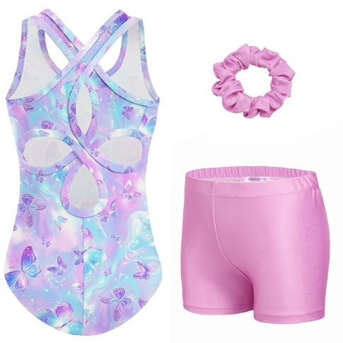 Arshiner Girls 3 Piece Sparkly Gymnastics Leotard Set with Shorts | Sleeveless dance unitard with a cut-out back plus matching gym shorts and scrunchie for gymnastics ballet and tumbling