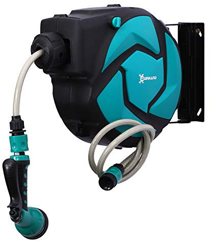 Outsunny Dévidoir Mural Enrouleur Automatique pivotant 180° Tuyau 10 + 1 m avec Lance arrosage Support Mural intégré Turquoise Noir