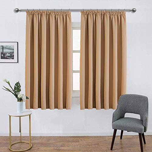 Imperial Rooms Blackout Curtains for Living Room - Pencil Pleat Beige Bedroom Curtains & Drapes 46 x 54 Inch Drop Thermal Insulated Super Soft Black Out Short Curtain Pair Panels with Tiebacks