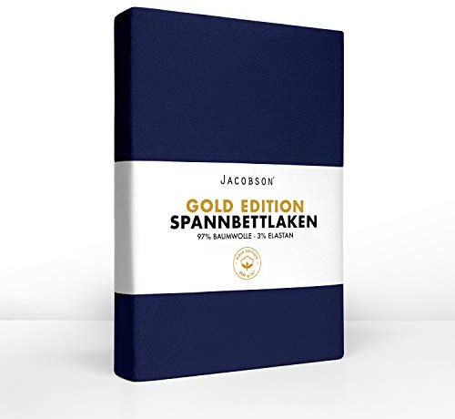 Jacobson Gold Edition Jersey Spannbettlaken Spannbetttuch Baumwolle mit ELASTAN ca. 200 g/m² (180x200 cm - 200x200 cm, Dunkelblau)