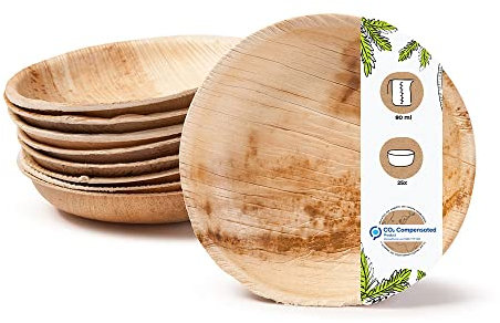 GREENBOX Palmware Juego de 25 cuencos desechables orgánicos, redondos, 80 ml, diámetro de 10 cm, vajilla para fiestas, compostables y biodegradables, hojas de palma, vajilla desechable para aperitivos
