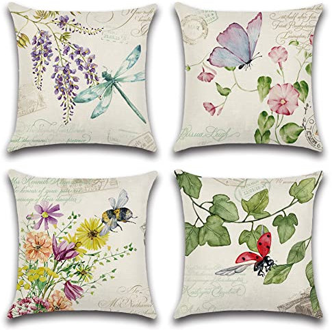 Artscope Set of 4 Waterproof Cushion Covers 45x45cm, Decorative Flower Plant Insect Throw Pillow Covers, Perfect to Outdoor Patio Garden Bench Living Room Sofa Farmhouse Decor