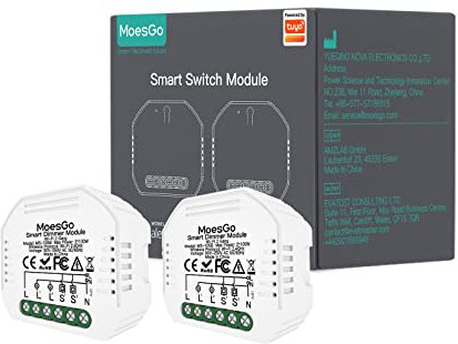 MoesGo WiFi Smart Alexa Dimmer Light Switch, Wireless Switch LED Relay Module Compatible with Smart Life Tuya App Control Amazon Alexa and Google Home, Netural Wire Required, 2 Gang 1/2 Way, 2 Pack