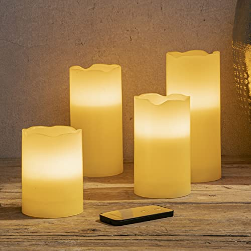 Juego de 4 velas LED de cera con mando a distancia, 17/15/12/10 cm, velas artificiales con efecto titilante, decoración de Navidad, color blanco cálido, funciona con pilas, sin fuego