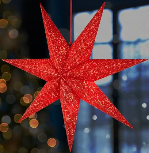 BRUBAKER 60 cm julstjärna för inomhusbruk – adventster med E14-fot för upphängning – fönsterbelysning stjärna för upphängning – julstjärnaset med 3,5 m kabel – 3D-pappersstjärndekoration – röd
