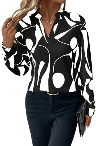 GORGLITTER Bluse Damen Elegant Langarm Blusenshirt V Ausschnitt Bluse Langarmshirt Büro Tunika Tops Schwarz L