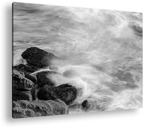 deyoli Onde oceaniche su rocce, formato: 90 x 60 cm, effetto: bianco e nero, stampa digitale di alta qualità con cornice
