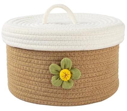 Amosfun Cesto Rotondo Intrecciato in Corda di Cotone Coperchio, Raffinato Portaoggetti Multifunzionale per Armadio e Sala da Pranzo, Design Moderno e Semplice