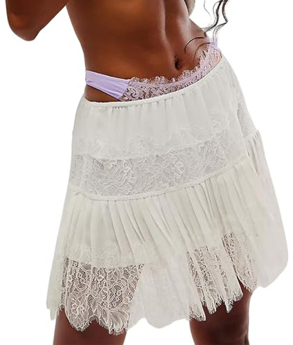 Qianderer Women Y2k Ruffle Mini Skirt Tiered Lace Mini Skirt Summer Casual Elastic Waist Pleated Lace Trim Half Slips Short Skirts (White, L)